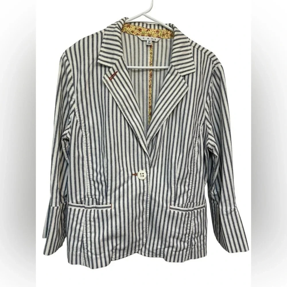 Cabi Blue White Striped Ticking Blazer Style 793 Nautical Stretch